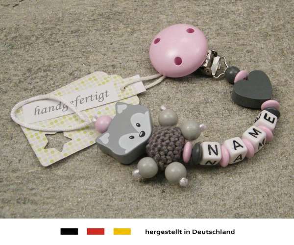 Schnullerkette mit Wunschnamen Motiv Fuchs und Herz in grau rosa