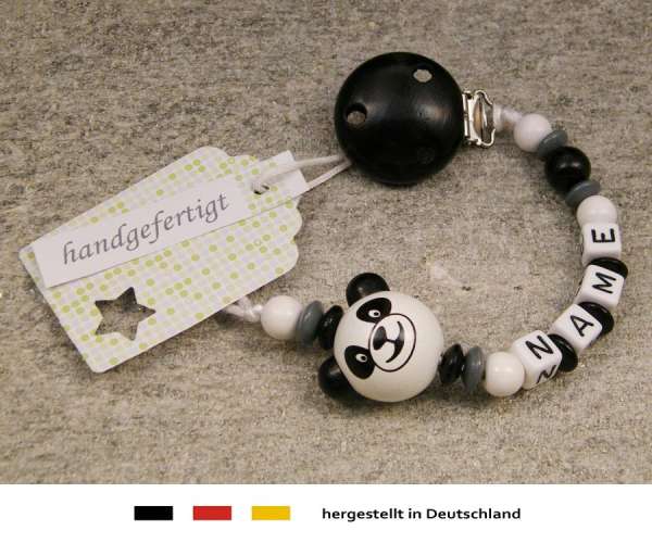 Schnullerkette mit Wunschnamen Motiv Panda Bär in schwarz