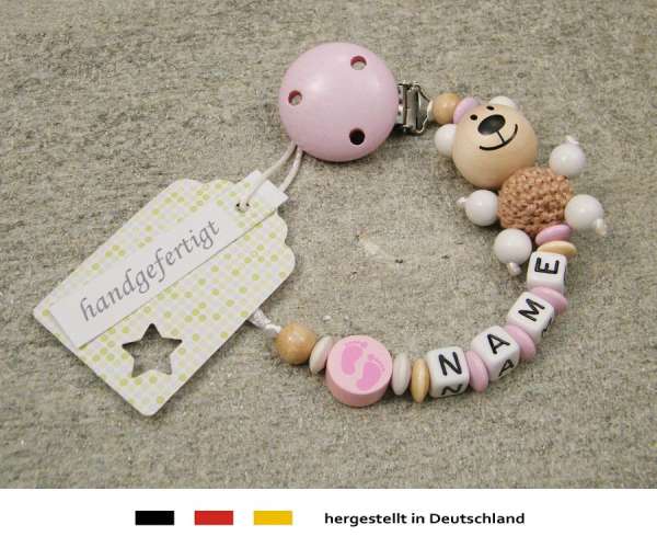 Schnullerkette mit Wunschnamen Motiv Bär und Babyfuss in pink