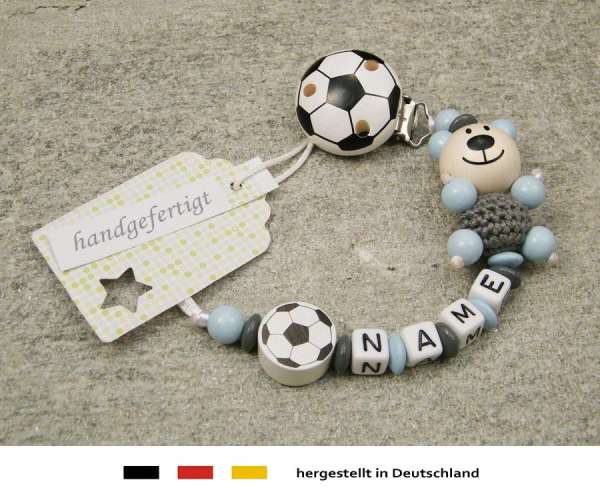 Schnullerkette mit Wunschnamen Motiv Bär und Fussball in grau
