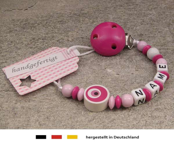 Schnullerkette mit Wunschnamen Motiv Auge von Nazar in pink