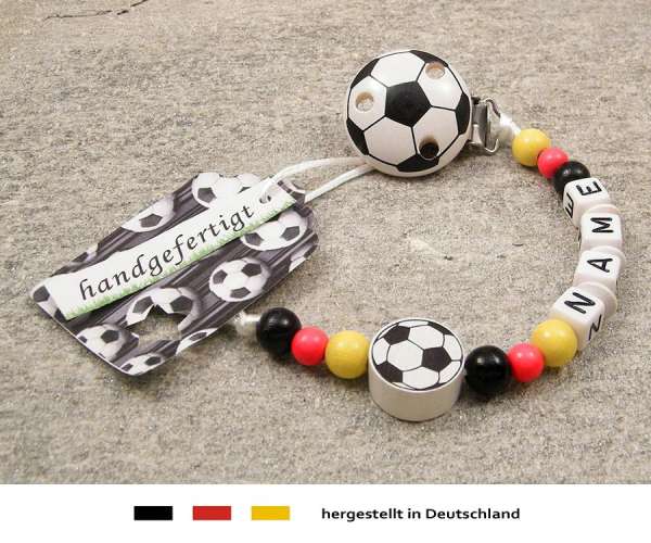 Schnullerkette mit Wunschnamen Motiv Fussball Deutschland in schwarz, rot, gold