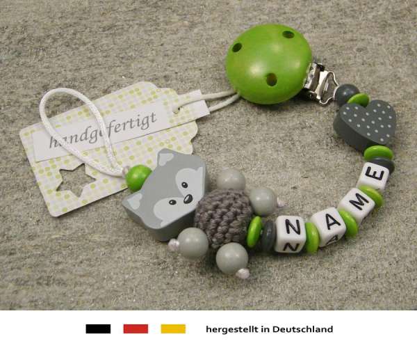 Schnullerkette mit Wunschnamen Motiv Fuchs und Herz in grau grün