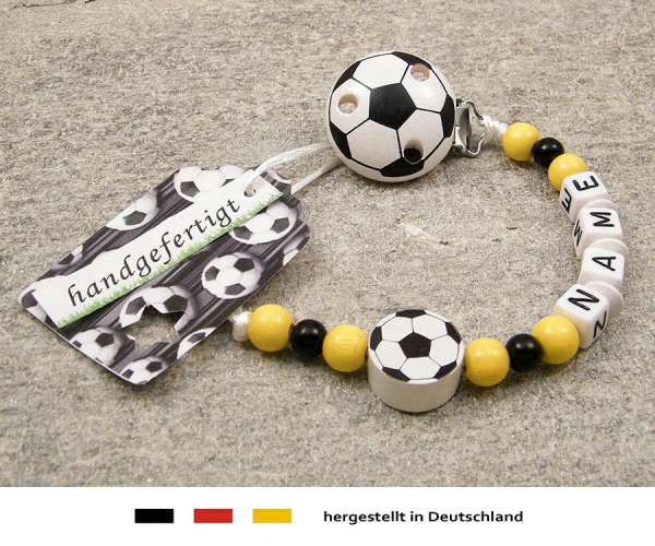 Schnullerkette mit Wunschnamen Motiv Fussball in schwarz, gelb