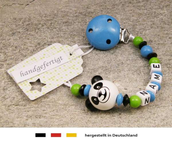Schnullerkette mit Wunschnamen Motiv Panda Bär in skyblau