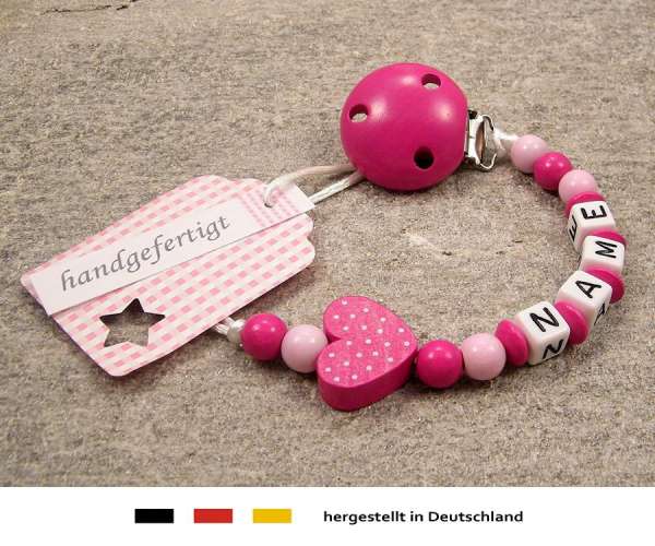 Schnullerkette mit Wunschnamen Motiv Herz in pink