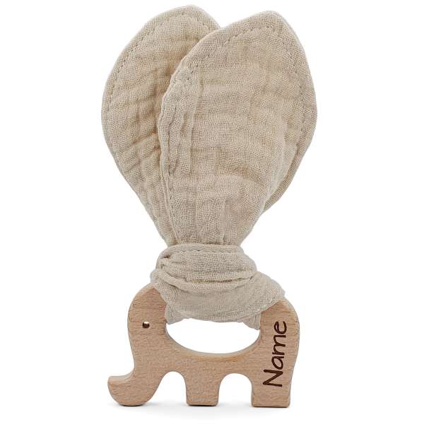 Holz Greifling mit Namen – Elefant und Stoffband Gravur
