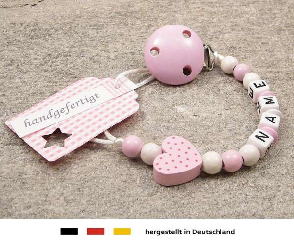 Schnullerkette mit Wunschnamen Motiv Herz in rosa