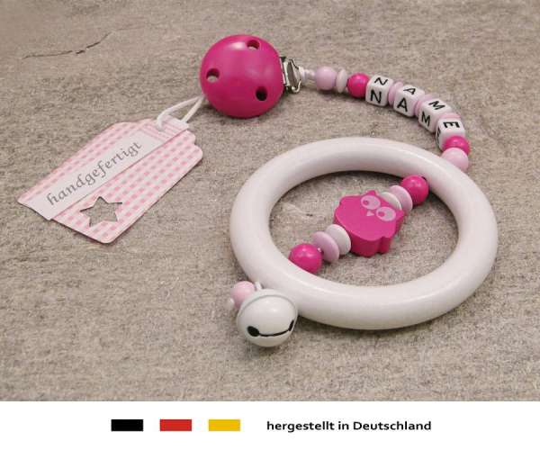 Kinderwagenkette mit Wunschnamen Eule in pink