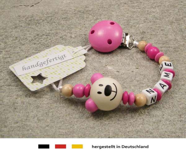 Schnullerkette mit Wunschnamen Bär pink