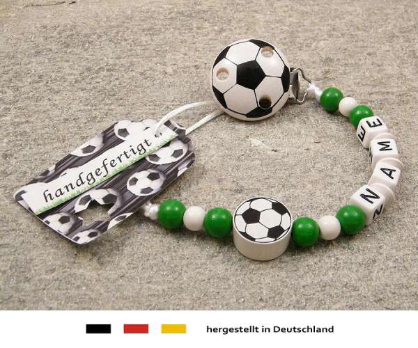 Schnullerkette mit Wunschnamen Motiv Fussball in grün, weiss