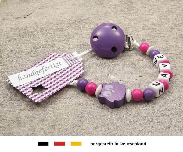 Schnullerkette mit Wunschnamen Motiv Eule in lila