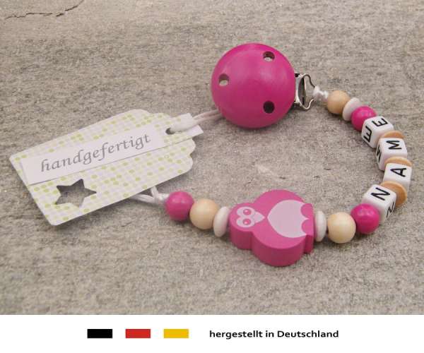 Schnullerkette mit Wunschnamen Motiv Pinguin in pink