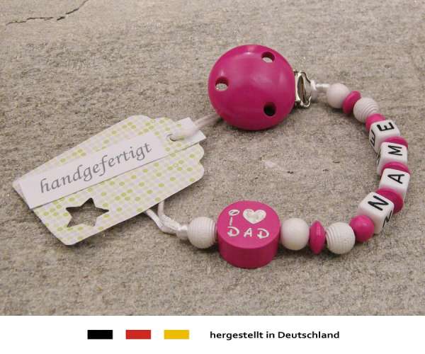 Schnullerkette mit Wunschnamen Motiv i love dad / mom in pink