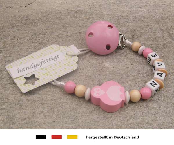 Schnullerkette mit Wunschnamen Motiv Pinguin in rosa