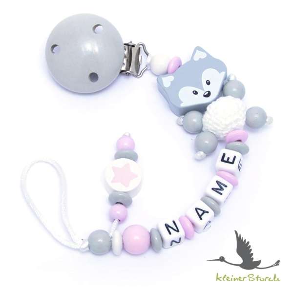 Schnullerkette mit Wunschnamen Motiv Fuchs und Stern in rosa