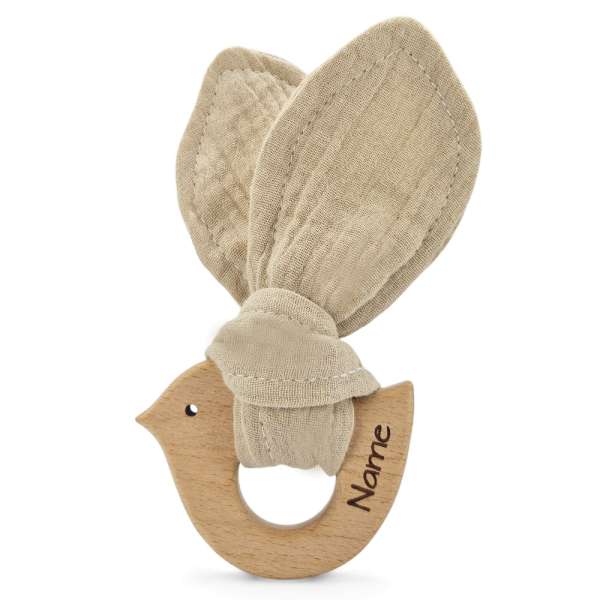 Vogel Holz & Stoffband Greifling mit Namen - Lasergravur