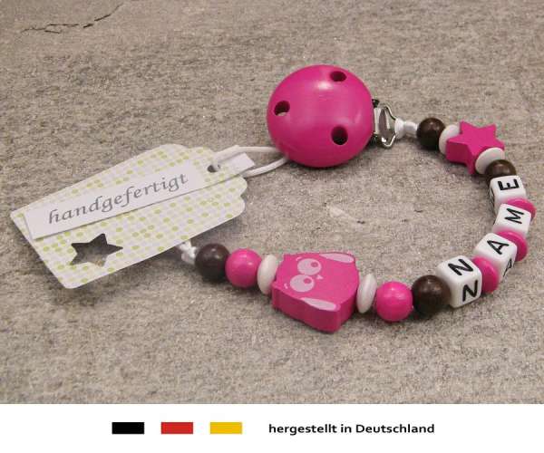 Schnullerkette mit Wunschnamen Motiv Eule & Stern in pink