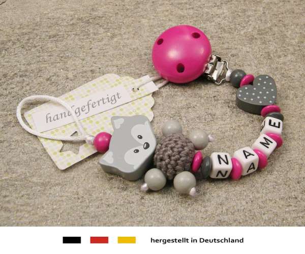 Schnullerkette mit Wunschnamen Motiv Fuchs und Herz in grau pink