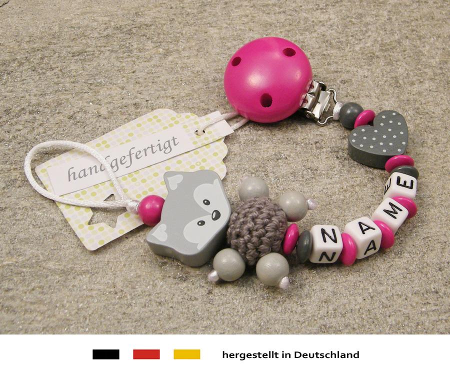 Schnullerkette mit Namen Mädchen ★ Silikon Fuchs Häkel grau rosa Babygeschenk 