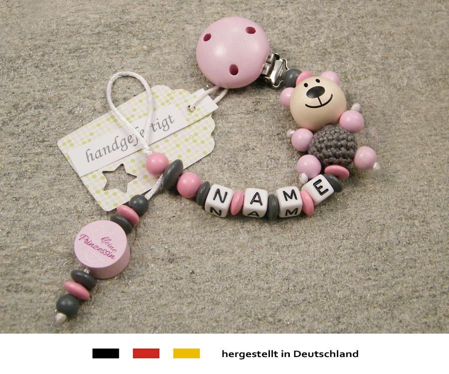 Schnullerhalter mit Wunschnamen M/ädchen Motiv B/är in rosa kleinerStorch Baby SCHNULLERKETTE mit Namen