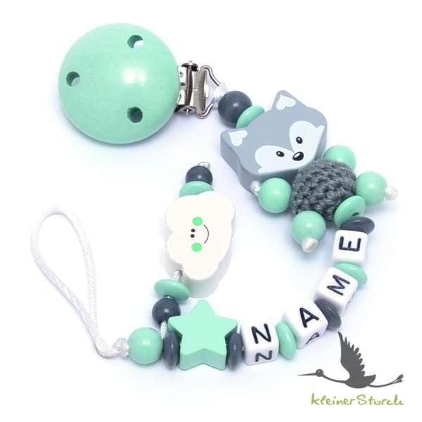 Schnullerkette mit Wunschnamen Motiv Fuchs und Wolke in mint